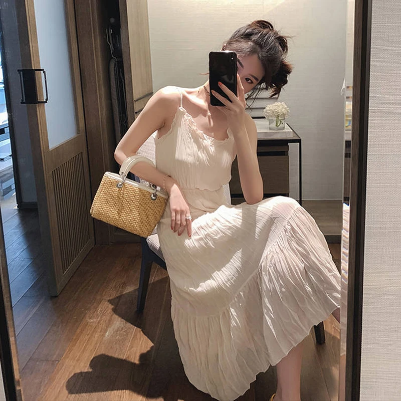 

2019 New fashion pleated strap dress women thin high waist ruffled long dress