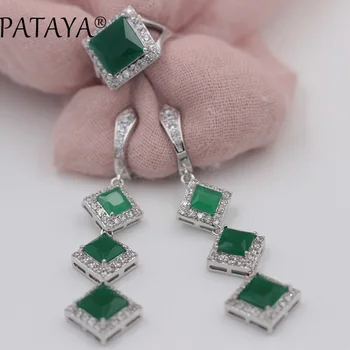 

PATAYA Green Square Natural Zirconia Long Earrings Ring Sets Women Multicolor Luxury True White Gold Fine Jewelry Accessories