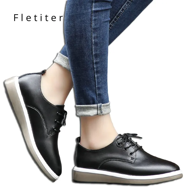 

Spring Casual Shoes Solid Flats Women Flat Platform Lace-Up Round Toe Concise Genuine Leather Leisure Ladies Oxfords Fletiter