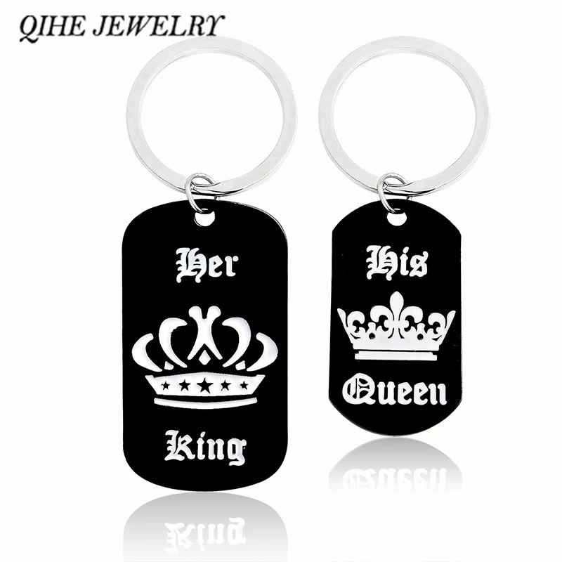 

QIHE JEWELRY Couple keychain Her king his queen dog tag charm key chainsCouple Girlfriend boyfriend Valentine's Day gifts