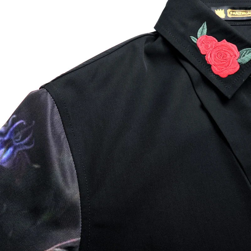 Fashion Casual Men Korean Long Sleeved Shirt Black Embroidery Flower 2033 FanZhuan
