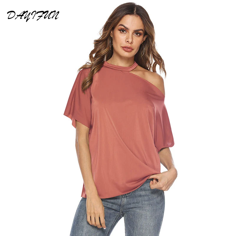 

DAYIFUN Spring and Summer 2019 Women T-shirt Short Sleeve Single Off the Shoulder Halter Neck Solid Color Soft Loose Tops WQ097