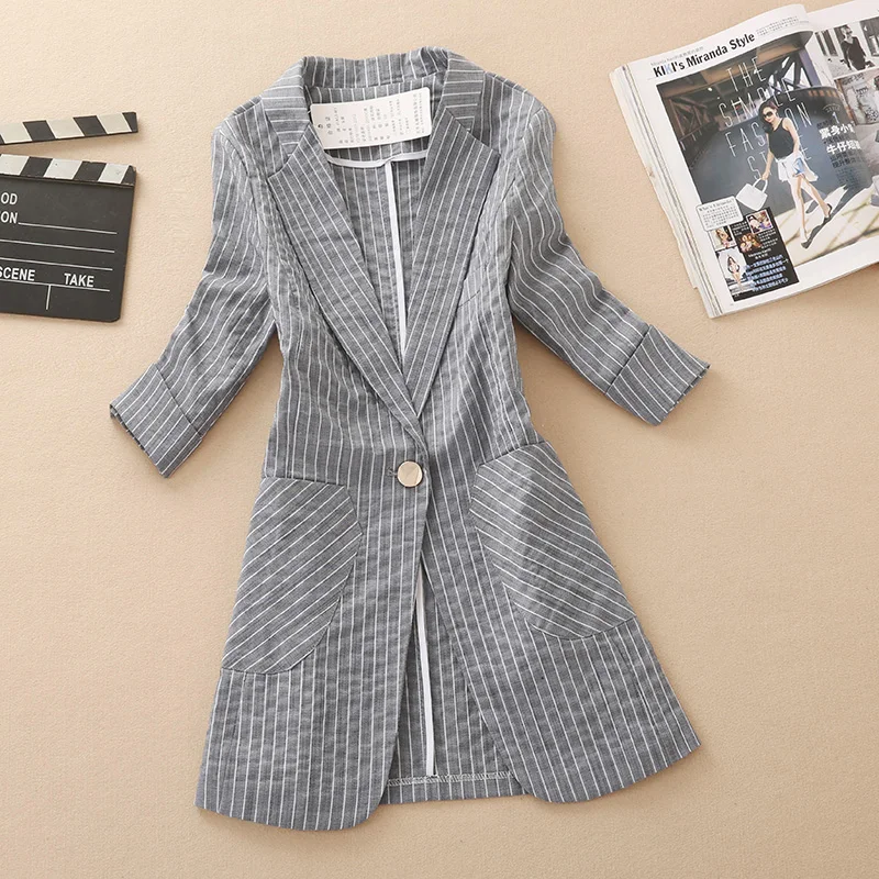 

Women blazers and jackets linen striped suit temperament long coat female summer new seven-point sleeves slim thin small suit
