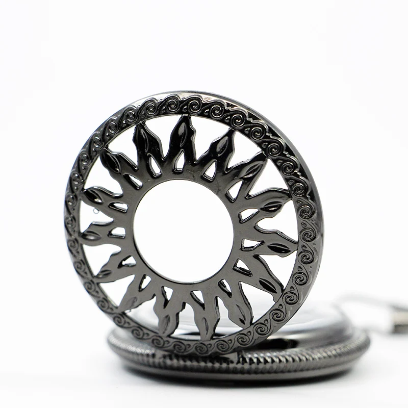 Модные Механические карманные часы с циферблатом в римском стиле с черным цветком от солнца и цепочкой, подарок для мужчин и женщин