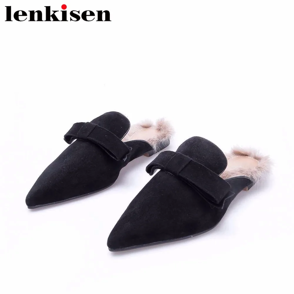 

Lenkisen sweet girls slip on kid suede pointed toe solid low heel butterfly-knot sheep fur pumps women autumn spring mules L73