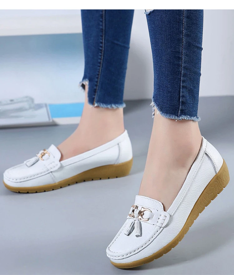 Fashion Shoes Women Genuine Leather Shoes Woman Fashion Casual Wedge Loafers Shoes Slip-on Round Toe Shoe For Women Mocasin