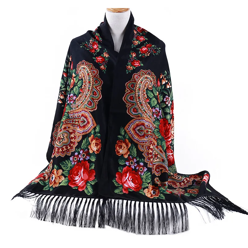 twill silk scarf crinkle hijab Printed long scarf Twill cotton fringed shawl Rose tassel luxury scarf foulard femme musulman