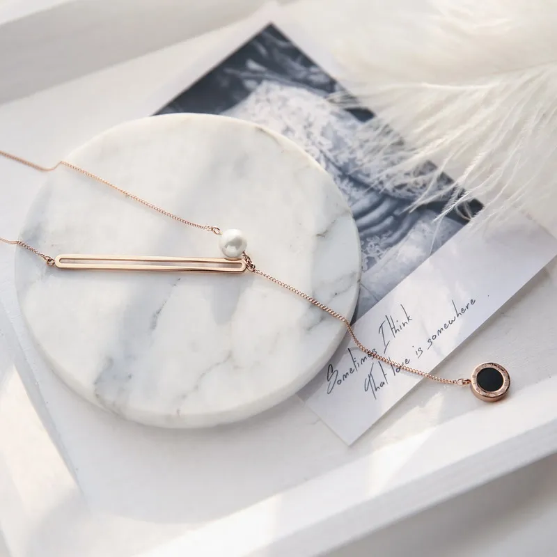 

YUN RUO Rose Gold Color Double Sides Roman Numerals Sweater Necklace Fashion Titanium Steel Woman Jewelry Birthday Never Fade