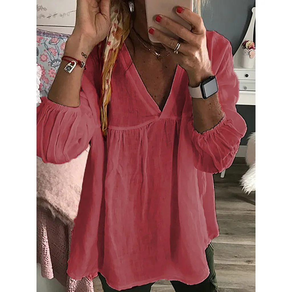 SAGACE женская рубашка блузки s 2019 сексуальная VNeck рукав 3/4 одноцветная хлопковая
