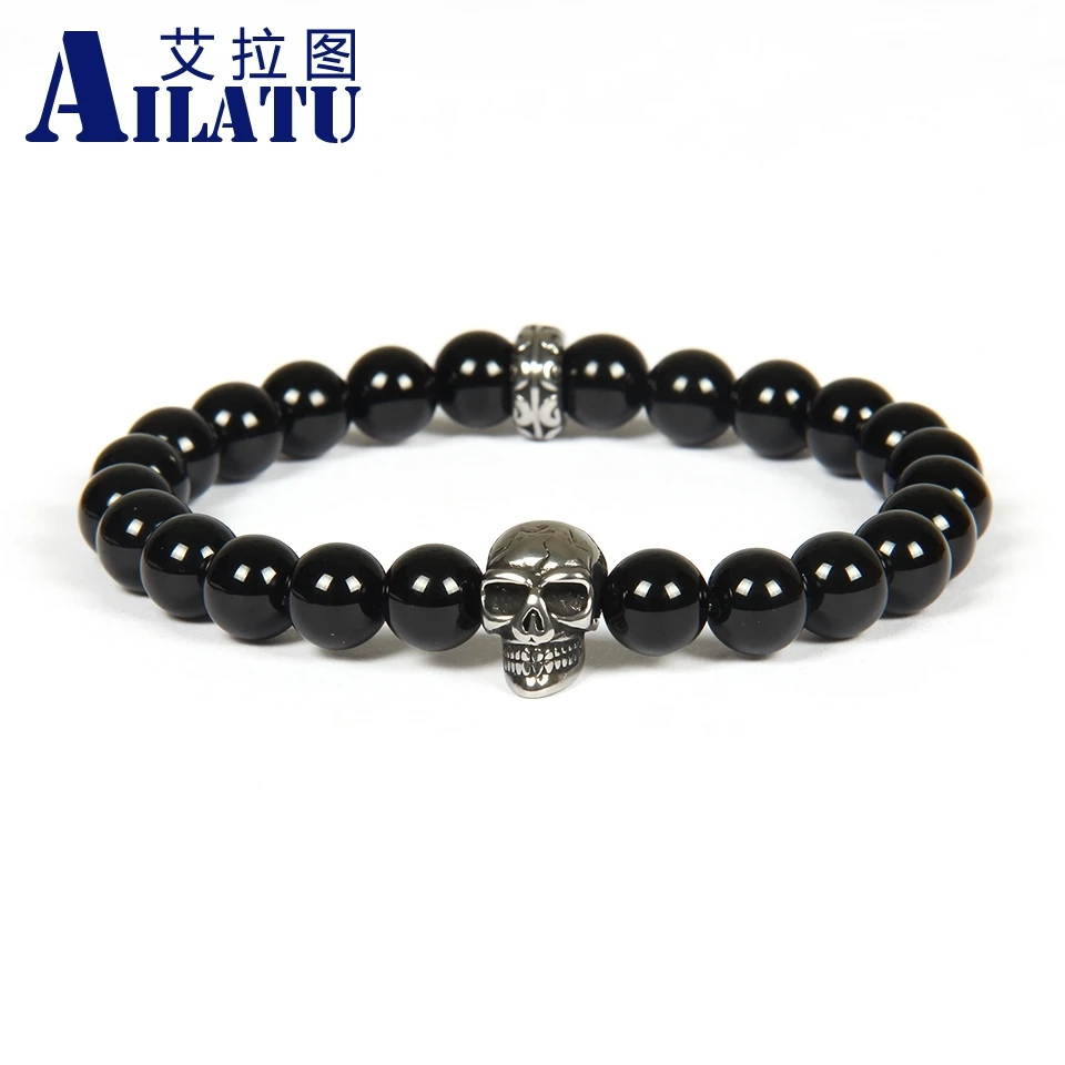 

Ailatu Jewelry Wholesale 10pcs/lot 8mm Natural Onyx Stone with Stainless steel Skull Beaded Bracelet Not Fade