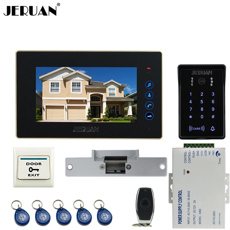 JERUAN Wired 7`` Touch key video doorphone intercom system kit waterproof touch key password keypad camera Cathode lock