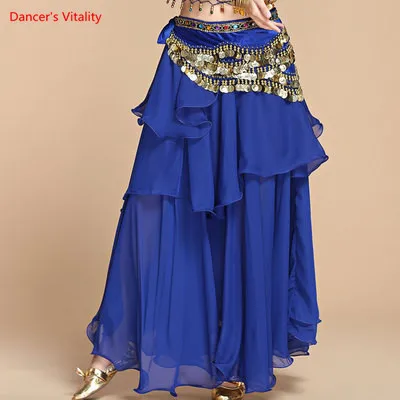 Длинная юбка для танца живота, юбка для танца живота, сценическая юбка для выступлений, женское трехслойное шифоновое платье, тренировочная юбка - Цвет: Синий
