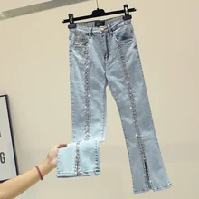 Весна лето новое украшение алмаз Джинсы женские стрейч джинсовые брюки расклешённые джинсовые брюки для девочек Femme