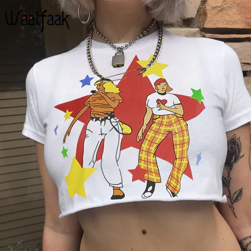 

Waatfaak Hip Hop Graphic Streetwear Tshirt Women 2019 Cotton Printed Casual Summer Tee T Shirt Short Sleeve Crop Top White Basic