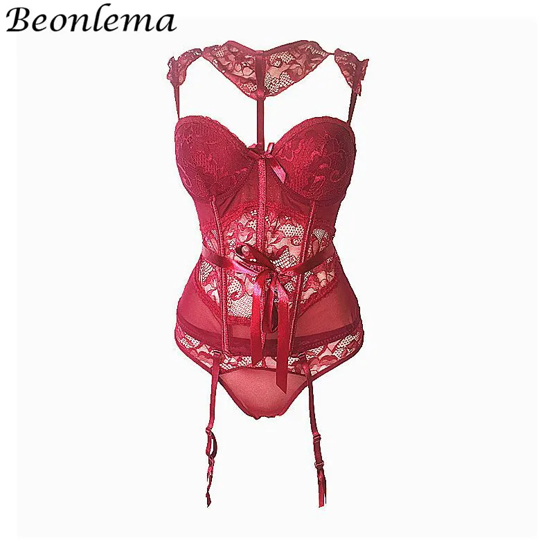 BEONLEMA See through Red Hot Lingerie Corset Bra Belt Sexy Floral Lace Bustiers Charming Strappy Transparent Underwear Women