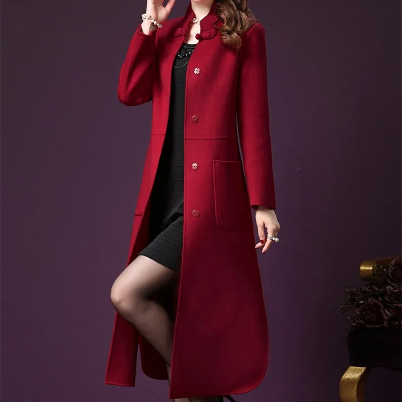 Goedkoop Vrouwen Office Lady Plus Size Mandarijn Kraag Wollen Jas Solide Lange Sectie Vintage Blends Jassen Herfst Winter Zakken Jassen