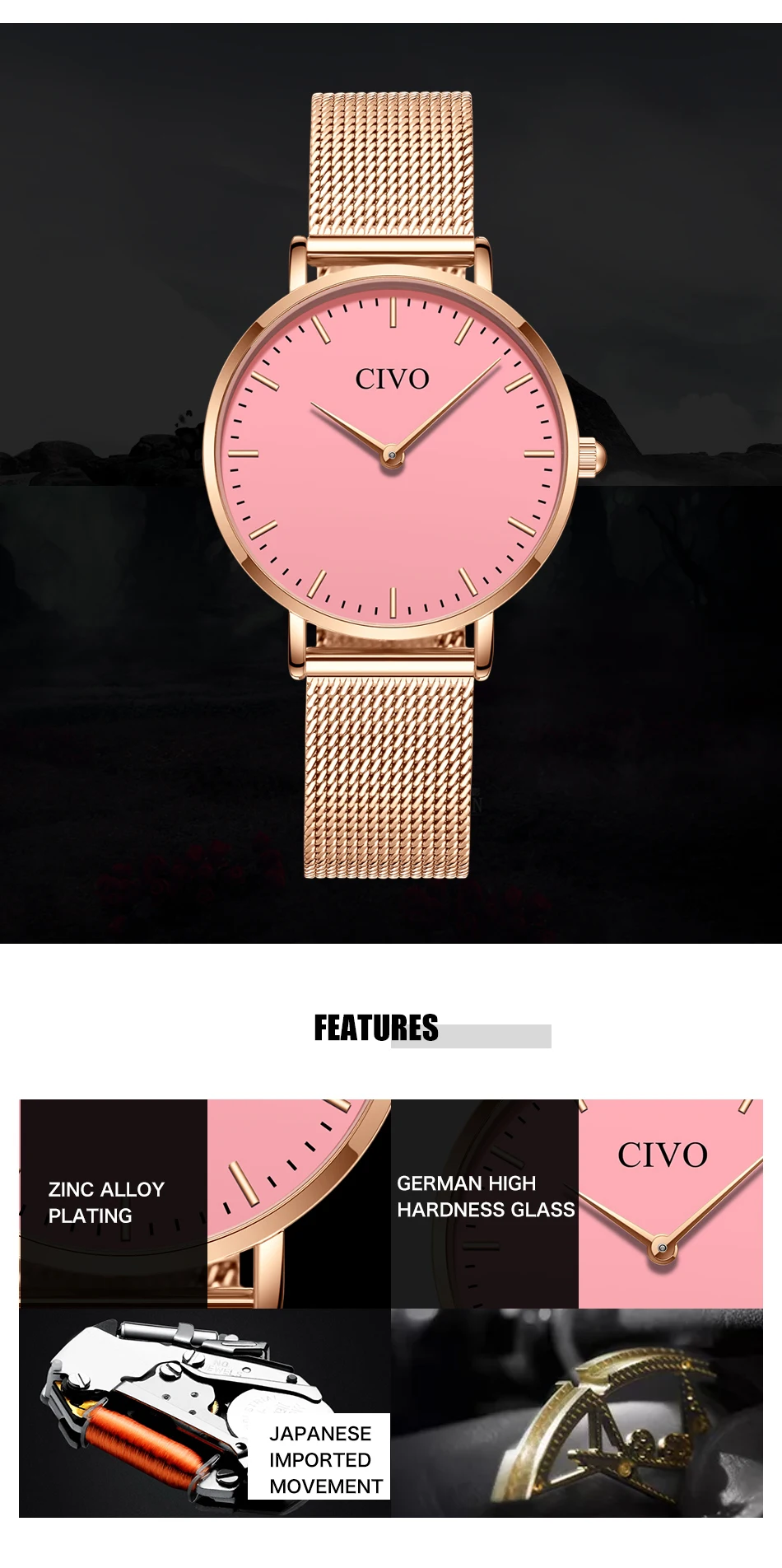 2019 CIVO модные повседневные часы женские водонепроницаемые кварцевые часы с сетчатым ремешком кварцевые часы Роскошные элегантные Relogio Feminino