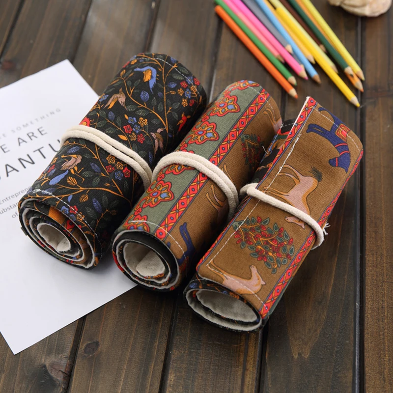 

36/48/72 Holes School Pencil Case Escolar Estuche Box Stationery Vintage Chinese Style Canvas Pen Roll Up Bag Curtain Pencils