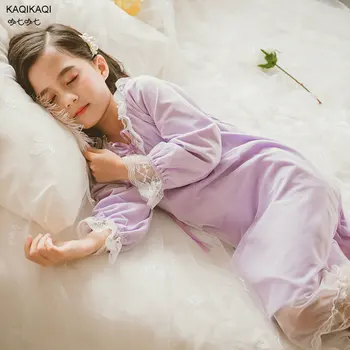 

2019 girl new nightdress Girl long sleeve dress nightdress Girl lace up fashion nightdress Girl cute princess lace pajamas