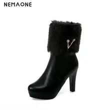 NEMAONE/новые женские ботинки на высоком каблуке теплые зимние ботинки на меху с круглым носком ботильоны розового, белого, черного цвета; большие размеры 34-43