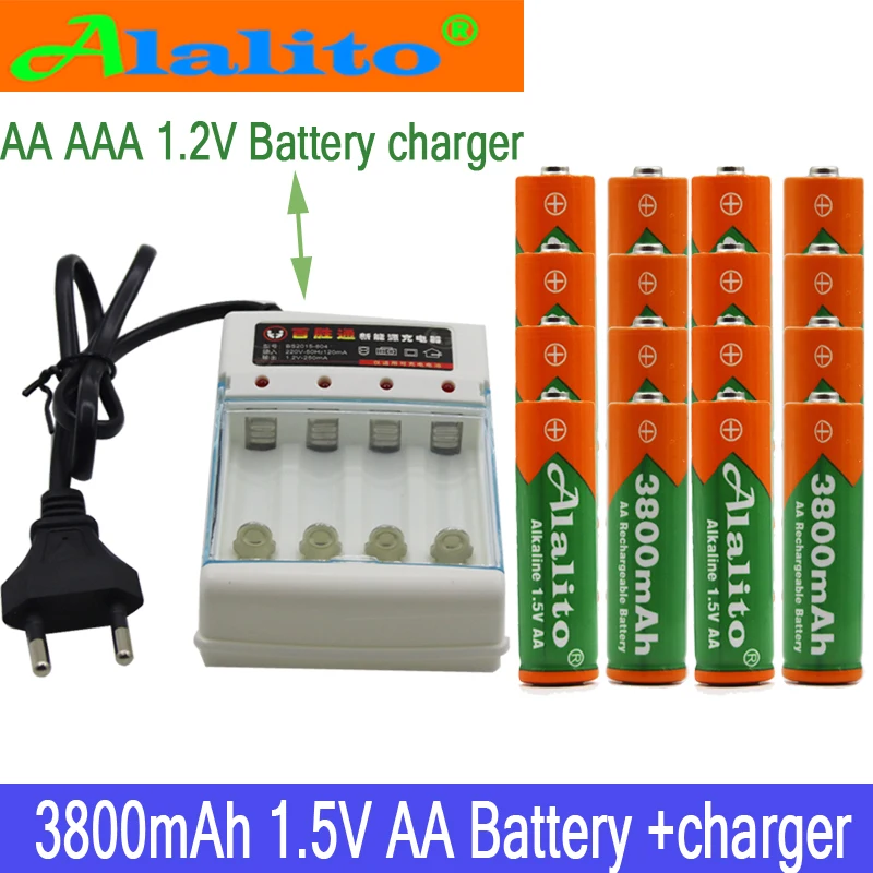 Новым ярлыком 3800 MAH перезаряжаемые батареи AA 1,5 V. Перезаряжаемые Alcalinas drummey+ 1 шт., размер: 4-элементная батарея зарядное устройство