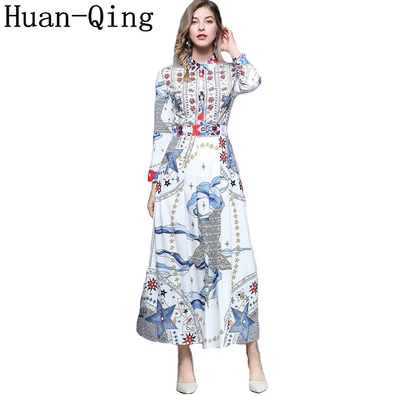 

New Runway Women's Vintage Printing Maxi Dress Autumn Female Turn-Down Collar Shirt Sleeve Elegant Party Long Dresses Plus Size