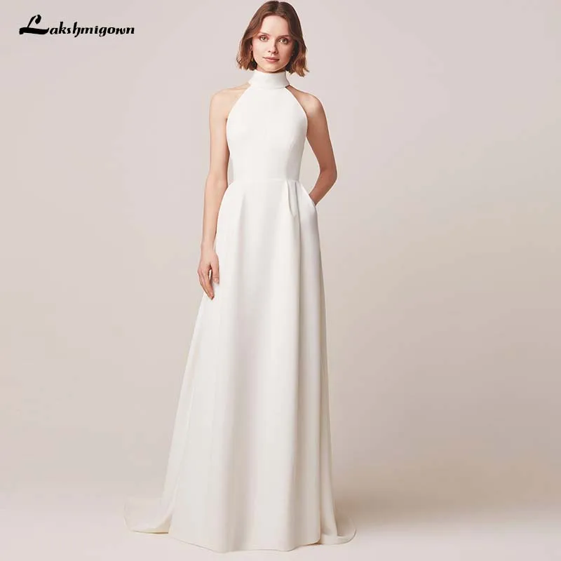 Modest Halter Neck Satin Wedding Dress 2019 New Sleeveless Open