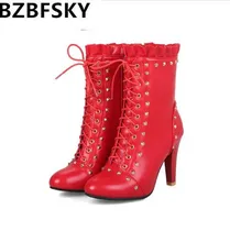 BZBFSKY2018 botas de tobillo con tacones altos con volantes y lazos cruzados Lolita para chicas(China)