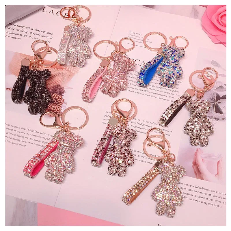 Fancy&Fantasy High Quality Strass Rhinestone Bear Animal Keychain Leather Strap Car Key Chain Bag Pendant Llaveros Para Mujer