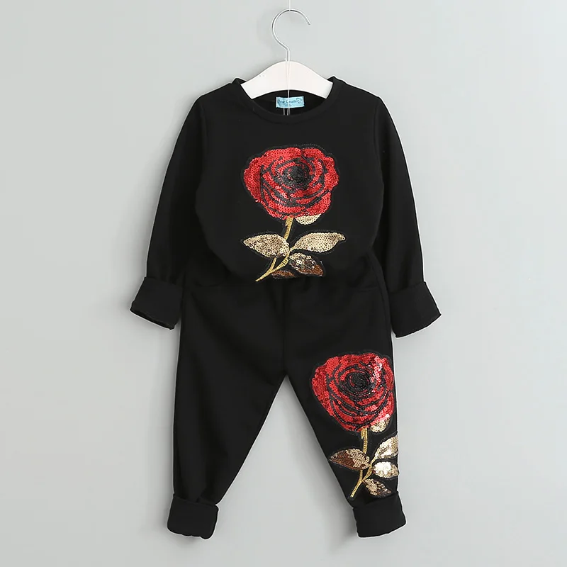Melario/комплекты одежды для девочек; коллекция года; брендовые Стильные комплекты одежды для детей; хлопковая Роза цветочная вышивка; Sequinsets; Детский костюм для девочек - Цвет: BlackAZ415