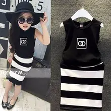 Комплект одежды из 2 предметов для девочек, костюм для малышей черный топ+ рубашка в полоску плотная модная одежда облегающая одежда для детей от 2 до 9 лет