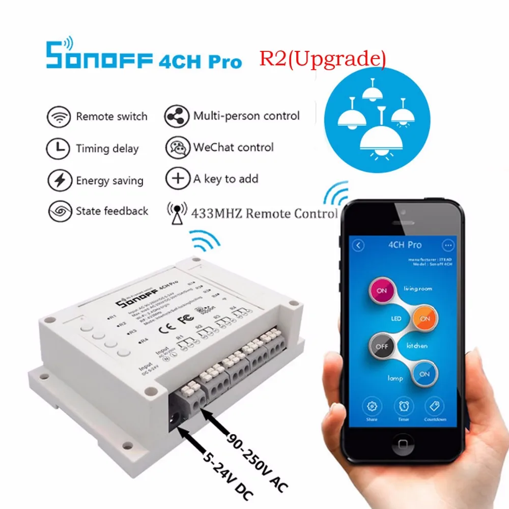 Sonoff 4ch R2 PRO Smart Switch 4 канала 433 МГц 2,4G Wifi Пульт дистанционного управления умный дом автоматизация 10A бытовая техника