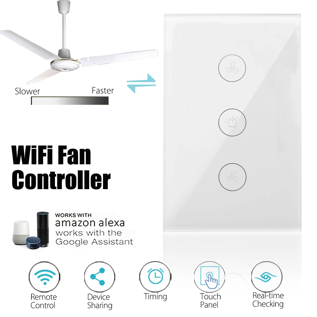 

WIFI Smart Wall Switch US Standard 400W 10A Ceiling Fan Controller Touchs Speed Switch Panel Work with Alexa Google Home