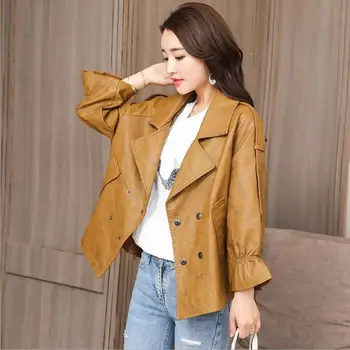 

Real photo 2019 autumn new fashion loose Moto & Biker style women Faux Leather jackets coats long sleeve ruffles PU coats gx1281