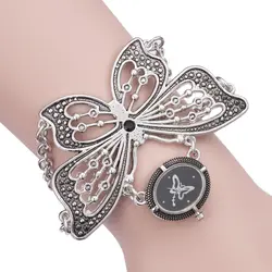 Горячая Распродажа классический ретро черный Титан серебро Для женщин кварцевые наручные часы Стильный негабаритных бабочка часы-браслет