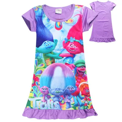 

Children Girl's Summer Dresses trolls Cartoon Straight Dress Kids homewear Night Gown Infantil Bath Robe Baby Girl Nightwear