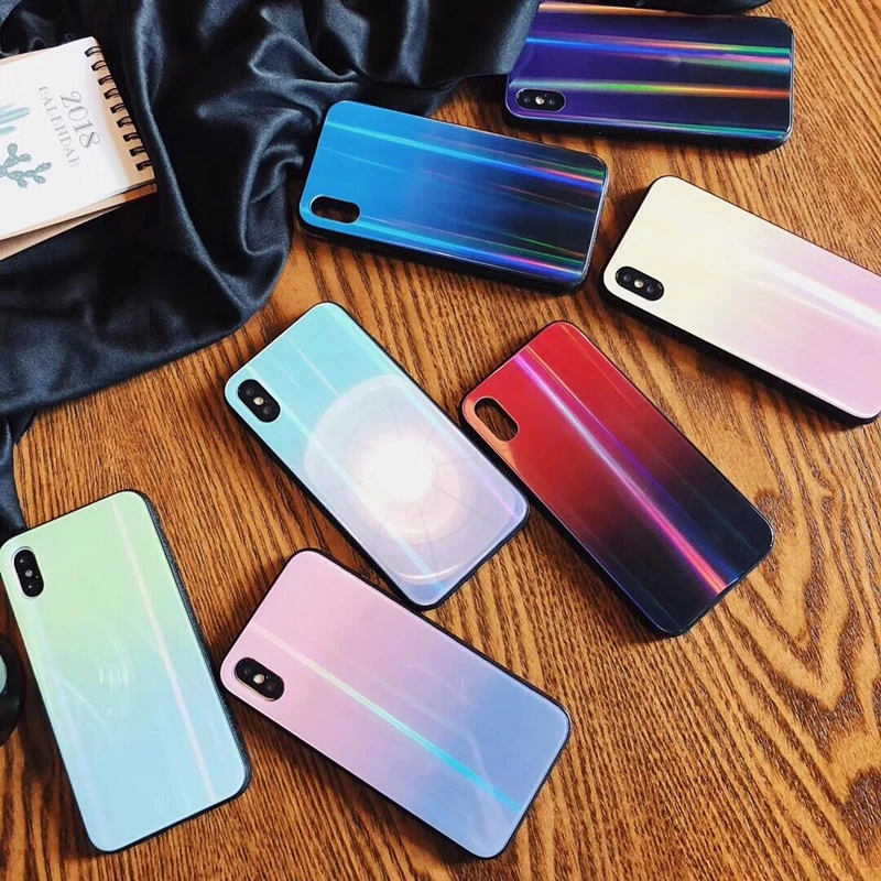 BONVAN For iPhone X 7 8 Plus Tempered Glass Back Case Gradient Color Laser Aurora Silicone Bumper For iPhone 7 6S 8 6 Plus Cover07