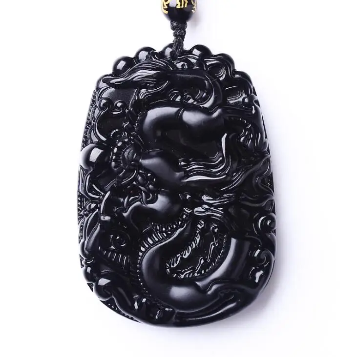 

beautiful Chinese Handwork Natural Black Obsidian Carved Dragon Amulet Lucky pendant + beads necklace Fashion Fine Jewelry