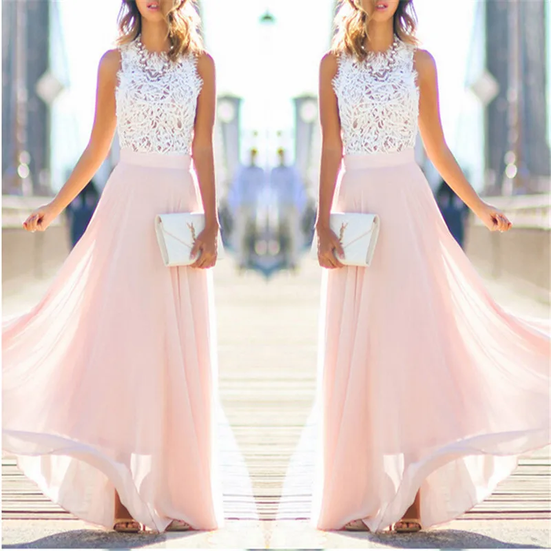 Summer Fashion Women Long Lace Chiffon Pink Beach Dress Gown Prom Maxi ...