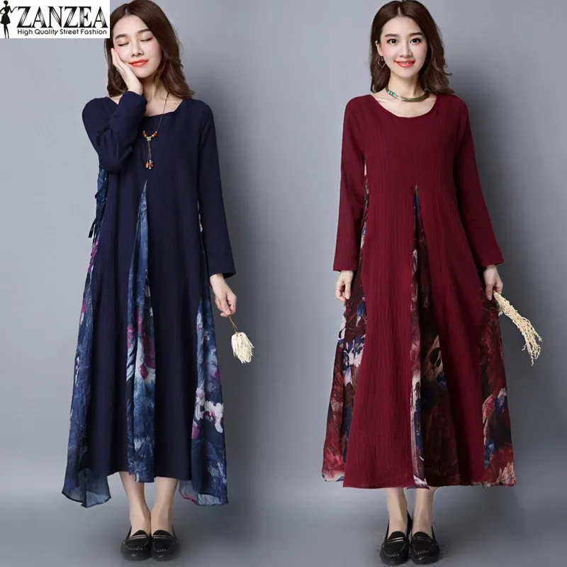 ZANZEA, весеннее женское шифоновое платье с цветочным принтом, элегантное хлопковое льняное платье с длинным рукавом, вечерние платья, длинное платье, туника, M-5XL