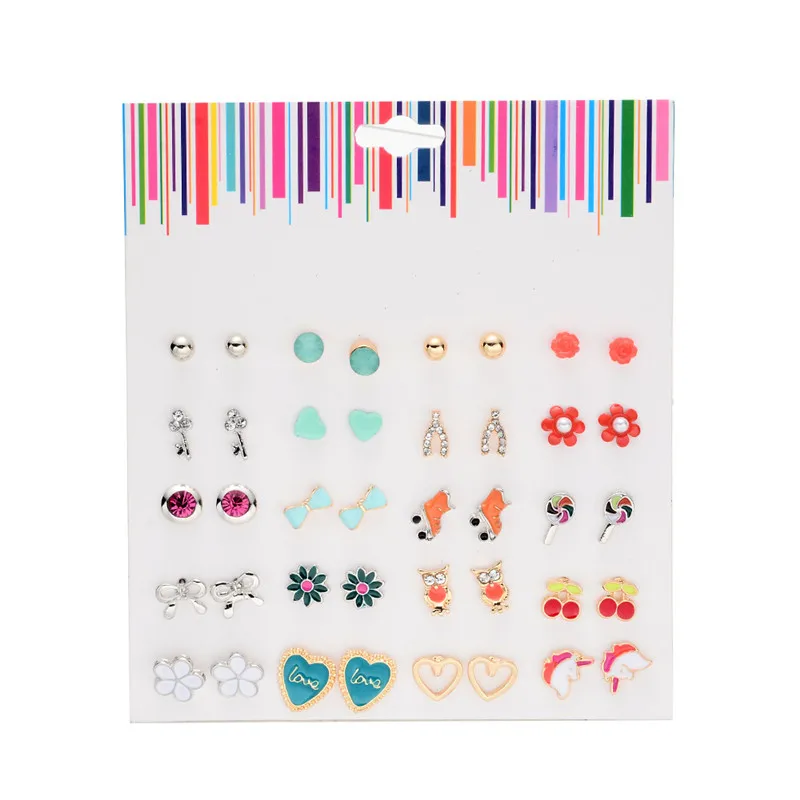 

LUXSHINE 20 Pairs/lot Lovely Stud Earring Set for Girls Roller Skates Owl Cherry Flowers Ear Studs Dropshipping Brincos 2018