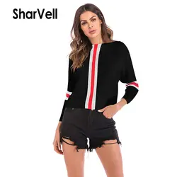 SharVell Для женщин весна свитер Винтаж полосатый принт пуловер свитер Повседневное круглым вырезом и длинными рукавами "летучая мышь"