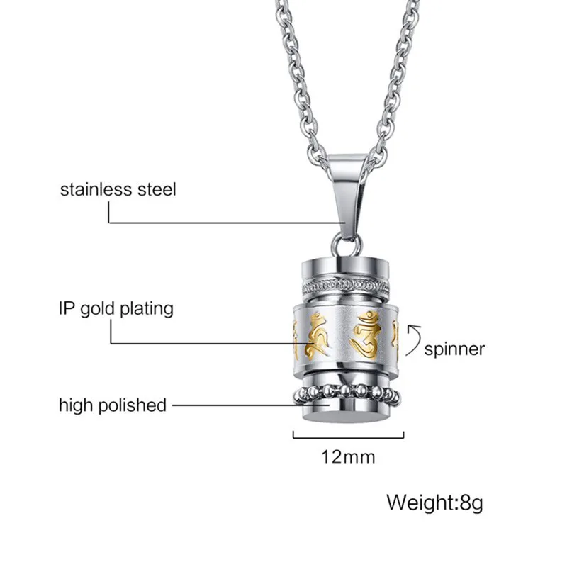 Stainless Steel Buddhism Six Words Rotatable Necklace Women Men OM Mantra Prayer Wheel Mantra Bottle Urn Pendant Necklace