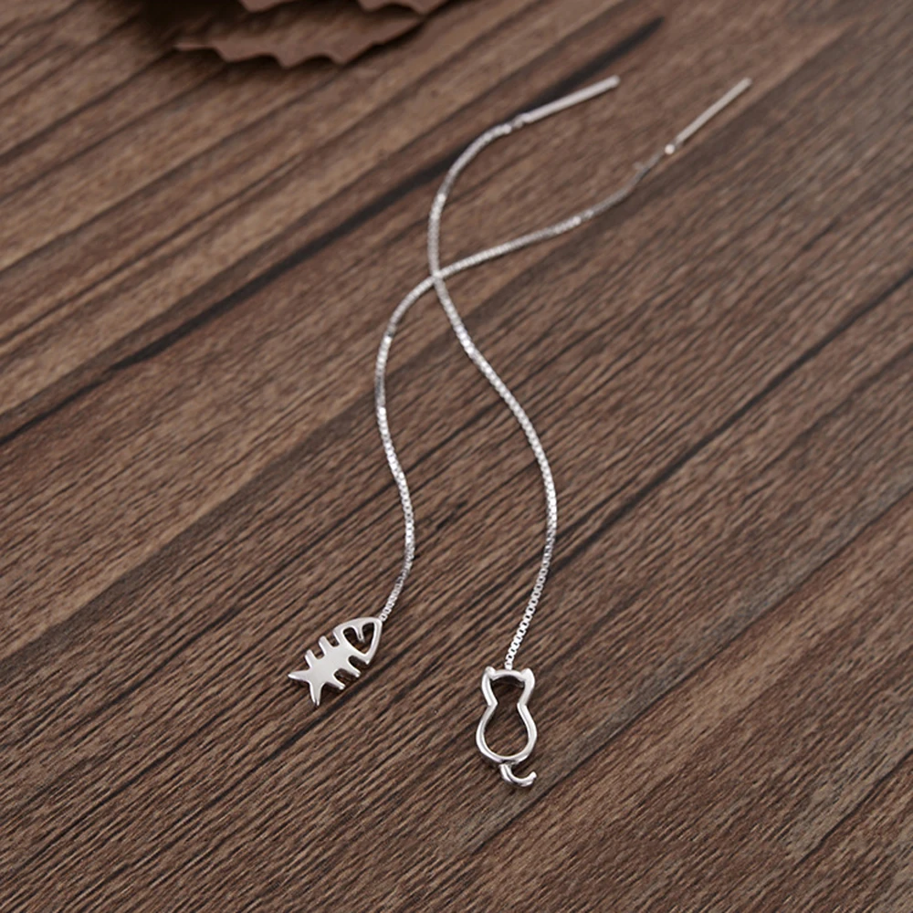 925 Sterling Silver Women Stud Earrings with Fish & Bone Ear Line 925