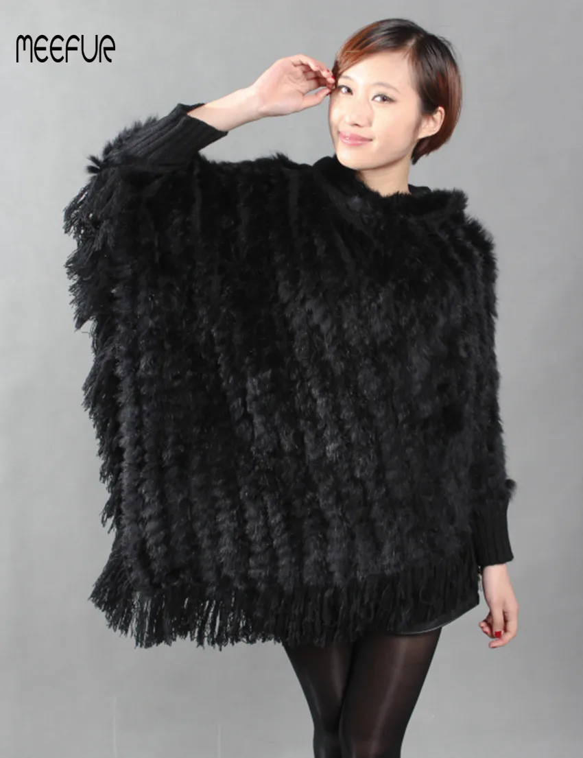 

Real Lady Knitted Rabbit Fur Poncho Fashion Woolen Shawl Fashion Ponchos With Tassels Casual Outwear Free Shipping LX00249