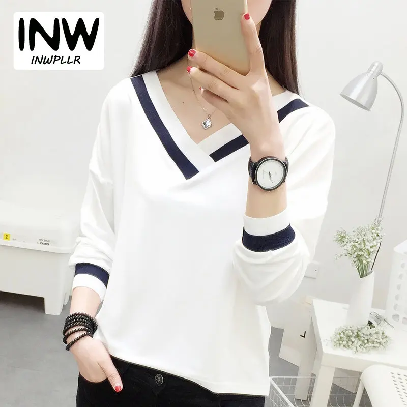 

2019 New Arrival Autumn Tshirt Women Patchwork T-shirt Femme Casual V-neck Long Sleeve Camisetas Women Tops Tee White Black