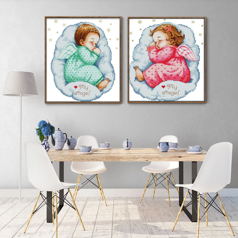 QIANZEHUI Needlework DIY characters Asleep angel boy and girl baby Cross stitch Sets For Embroidery kits Cross-Stitch Wall Decro | Дом и сад