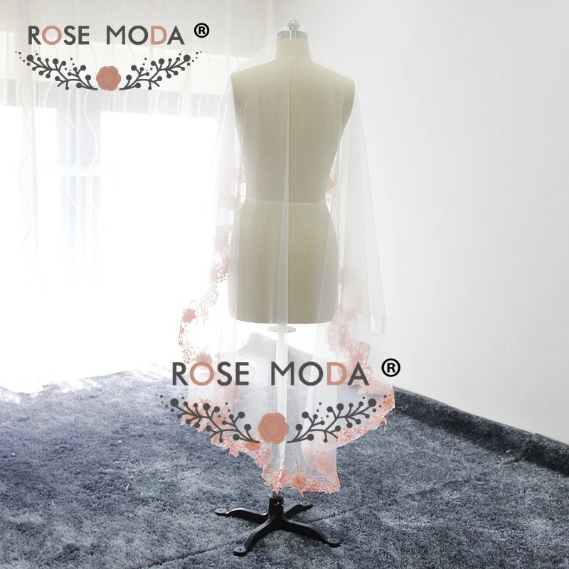 Rose Moda, сделанная на заказ, 200 см, Соборная вуаль с розовым кружевным подолом, мягкая Тюлевая Фата для невесты, белая, слоновая кость, 2 м, цветы ручной работы