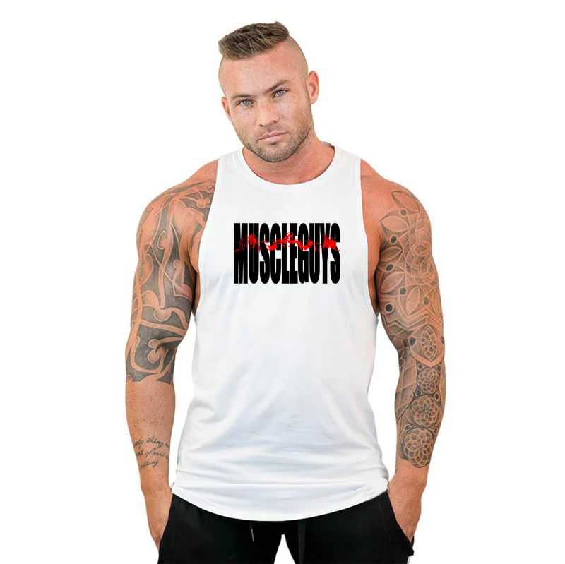 Professional Muscleguys clothing Fitness Mens Stringer Tank Top Bodybuilding Sleeveless shirt Musculation stringer homme - Color: White