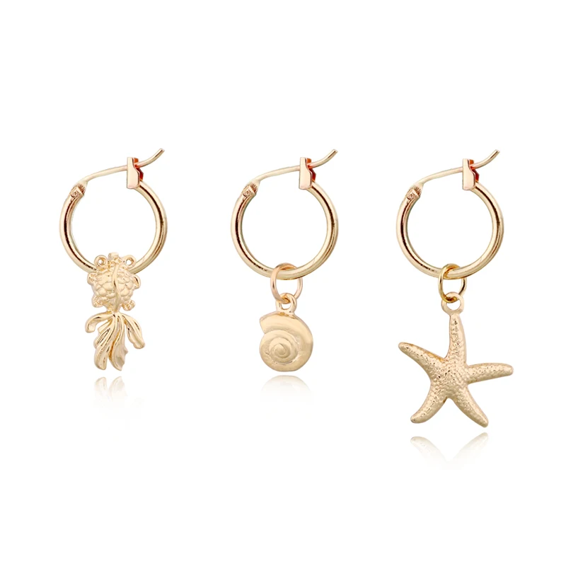 

1Pair Chic Mini Starfish Fish Snails Hoop Earrings For Women Girl Unique Gold Color Animals Pendant Round Earrings Jewelry E314